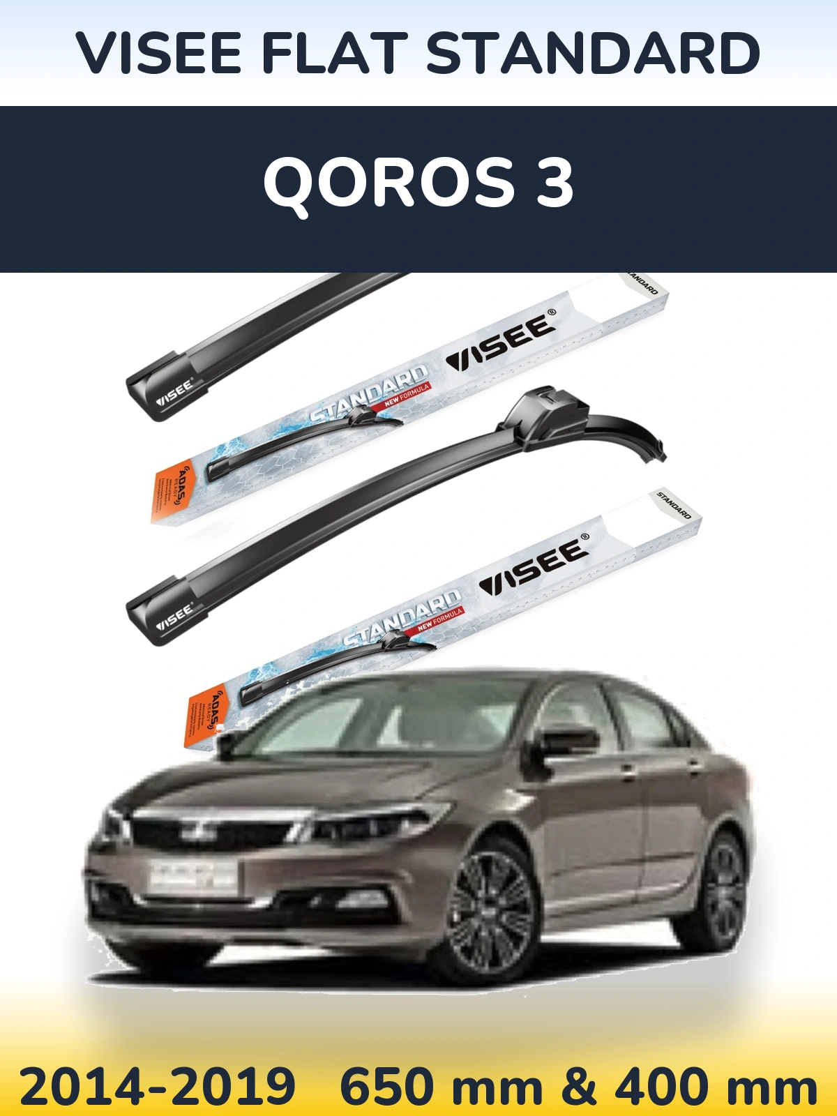 Front wiper blade set VISEE FLAT STANDARD 650 & 400 mm for Qoros 3 2014-2019
