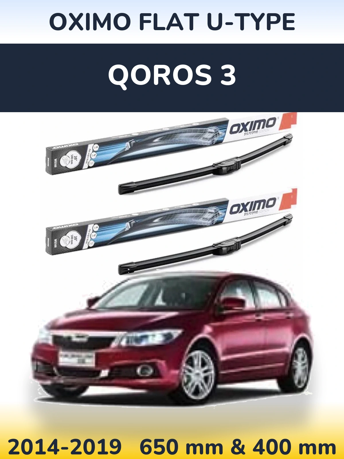 Front wiper blade set Oximo Flat U-type 650 & 400 mm for Qoros 3 2014-2019