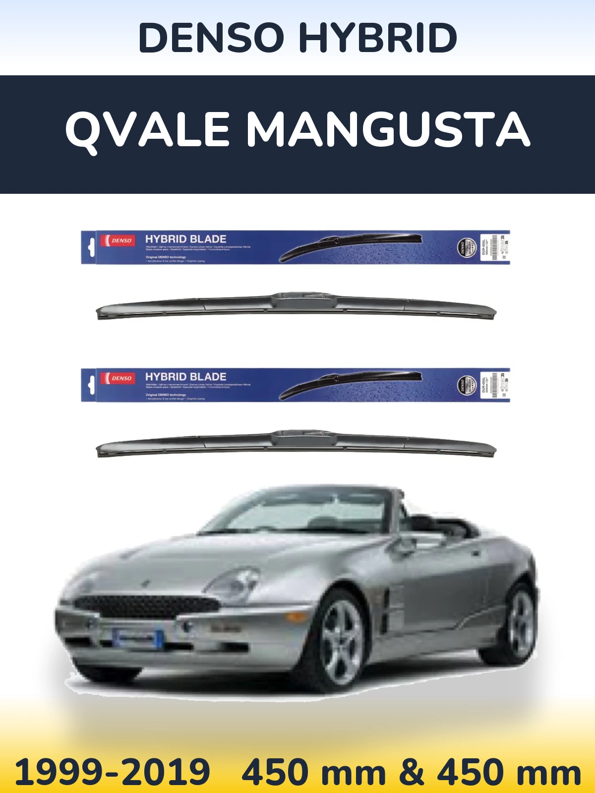 Front wiper blade set Denso Hybrid 450 & 450 mm for Qvale Mangusta 1999-2019