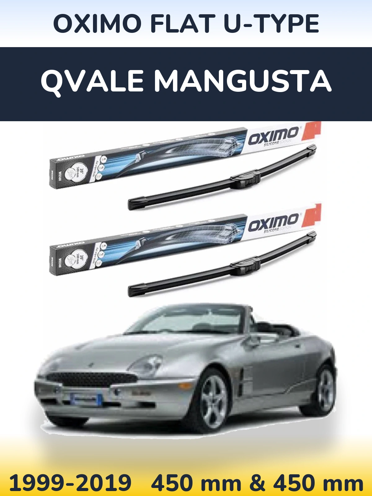 Комплект передніх щіток Oximo Flat U-type 450 & 450 мм для Qvale Mangusta 1999-2019