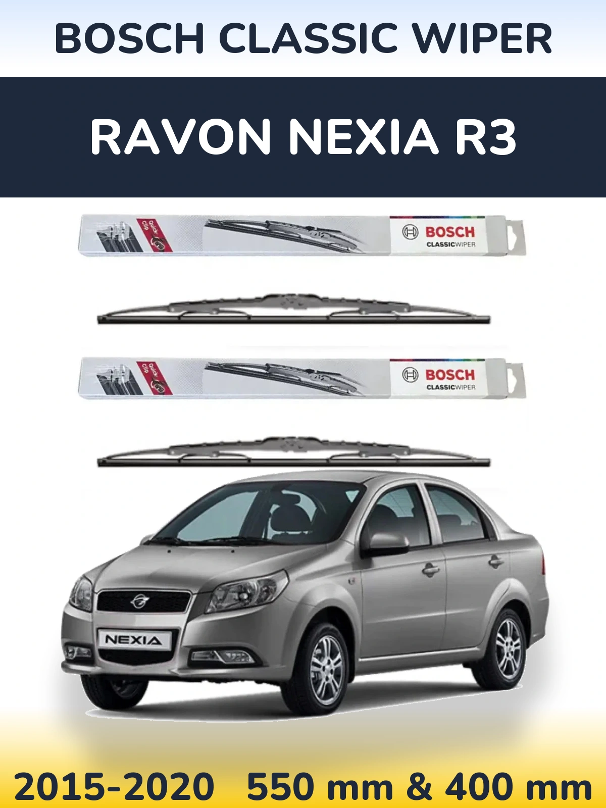 Front wiper blade set BOSCH Classic Wiper 550 & 400 mm for Ravon Nexia R3 2015-2020