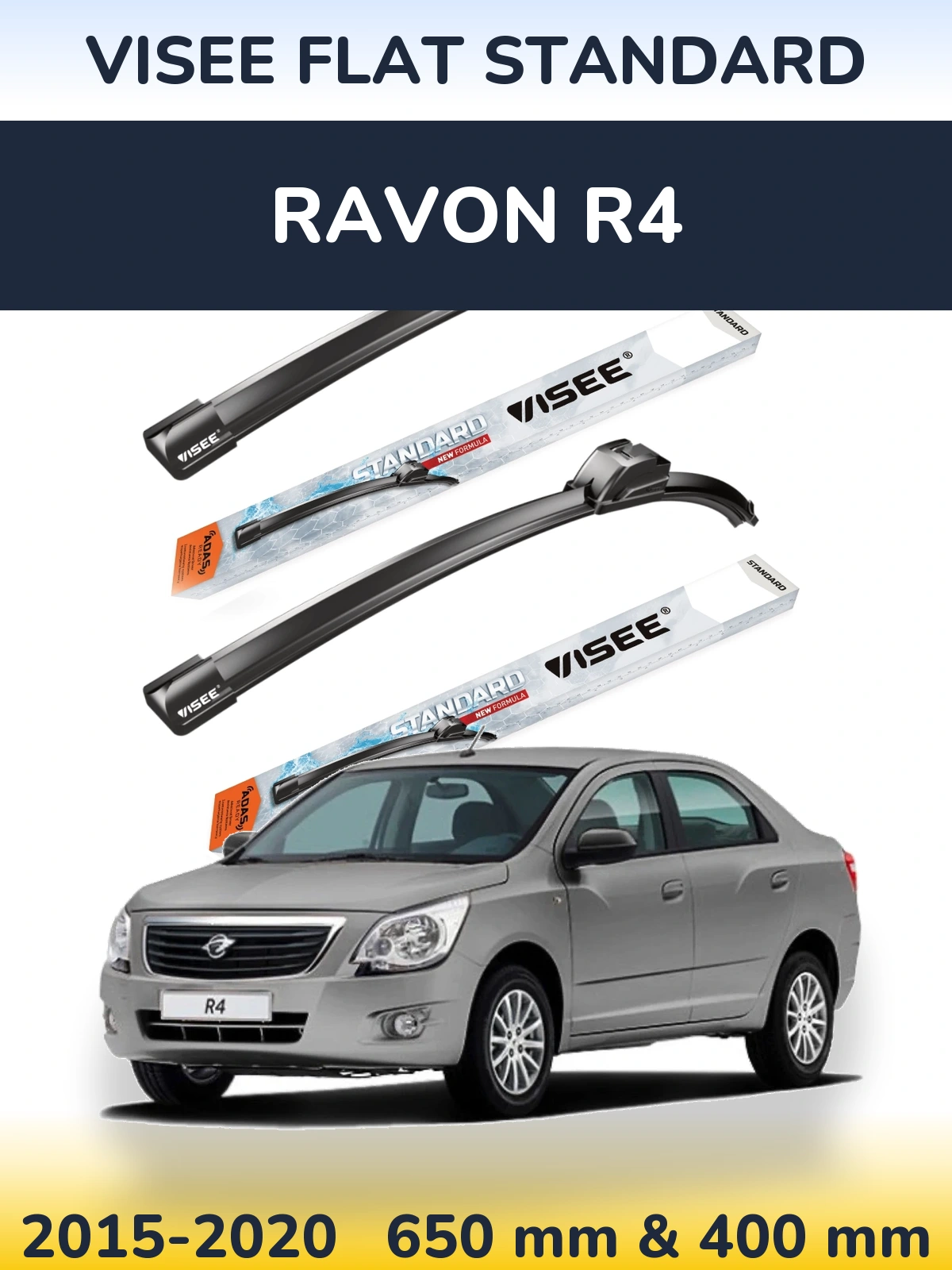 Front wiper blade set VISEE FLAT STANDARD 650 & 400 mm for Ravon R4 2015-2020