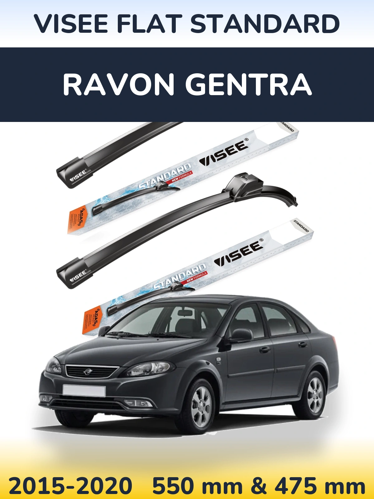 Front wiper blade set VISEE FLAT STANDARD 550 & 475 mm for Ravon Gentra 2015-2020
