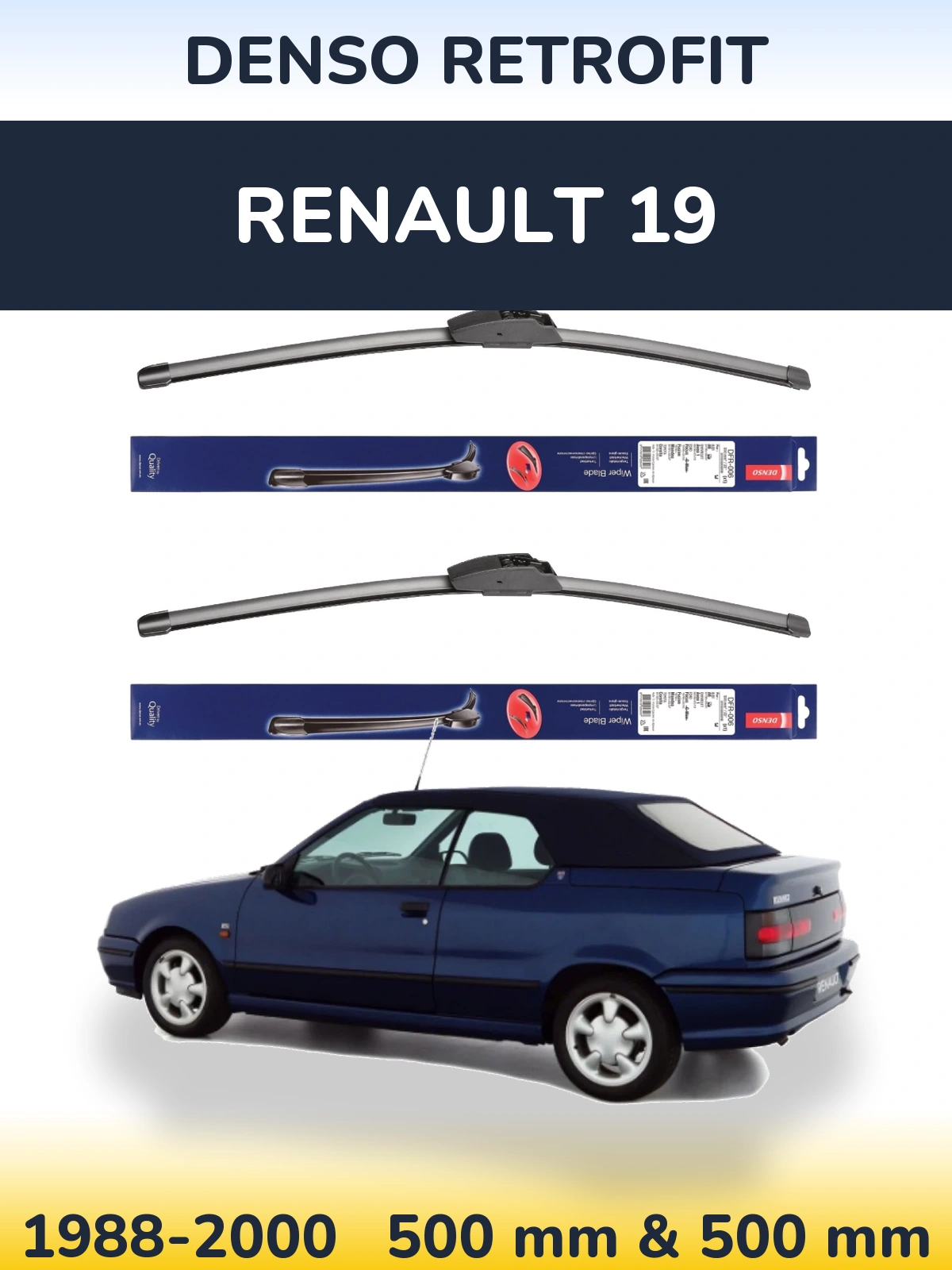 Front wiper blade set Denso Retrofit 500 & 500 mm for Renault 19 1988-2000