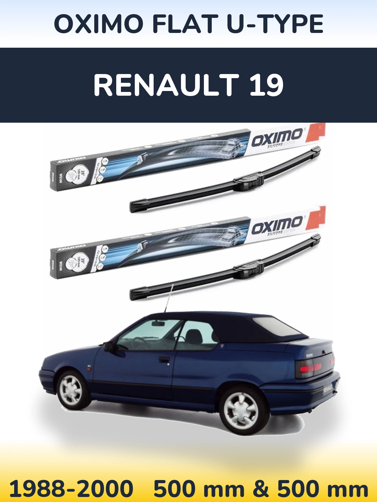 Front wiper blade set Oximo Flat U-type 500 & 500 mm for Renault 19 1988-2000