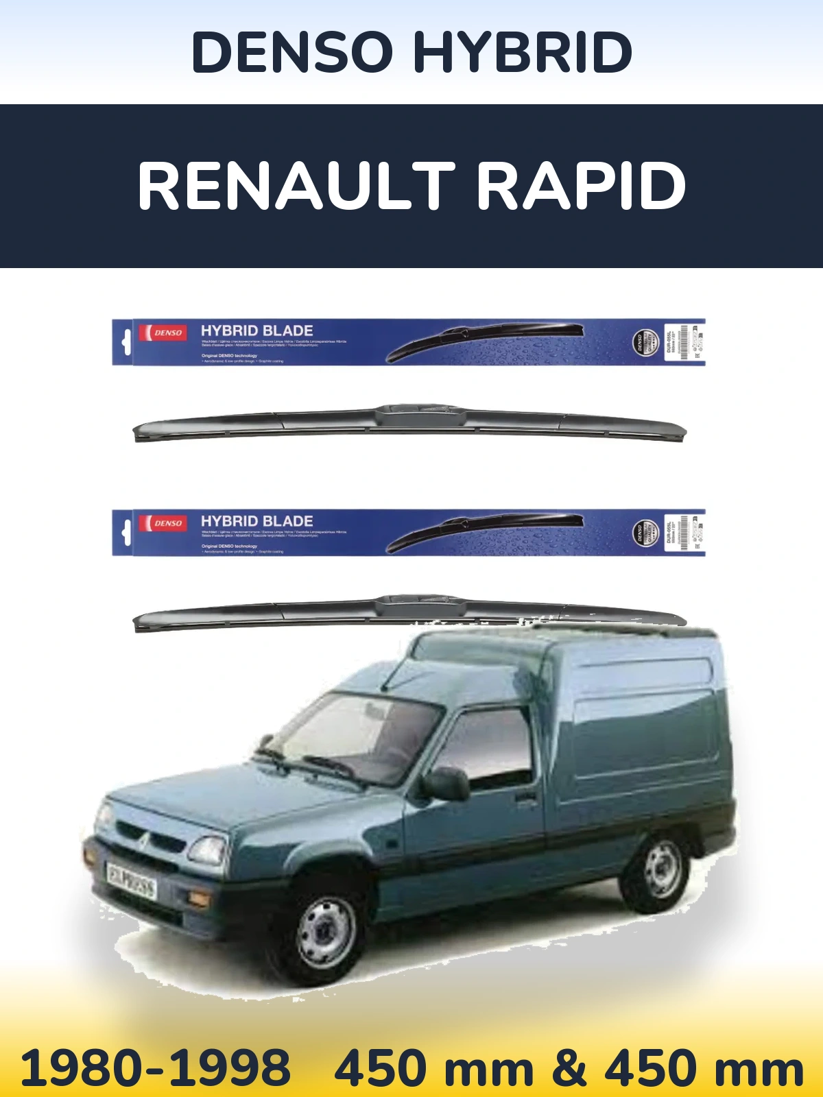 Front wiper blade set Denso Hybrid 450 & 450 mm for Renault Rapid 1980-1998