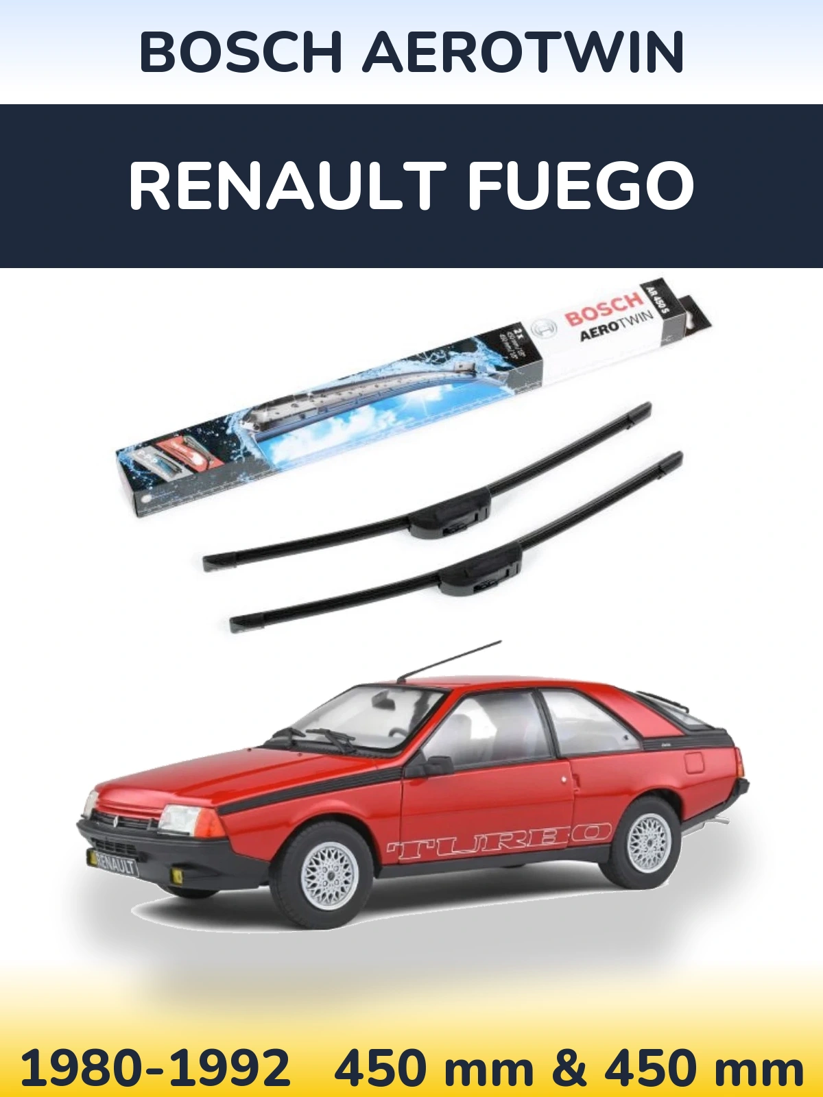 Front wiper blade set BOSCH AeroTwin 450 & 450 mm for Renault Fuego 1980-1992