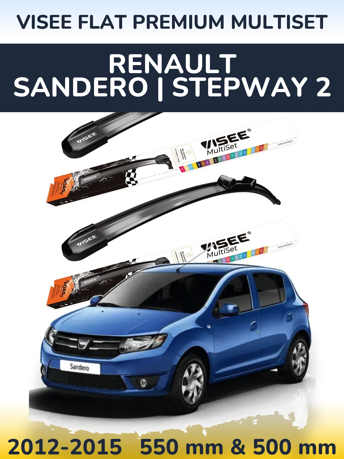 Комплект передних дворников VISEE FLAT PREMIUM MultiSet 550 & 500 мм для Renault Sandero | Stepway 2 2012-2015