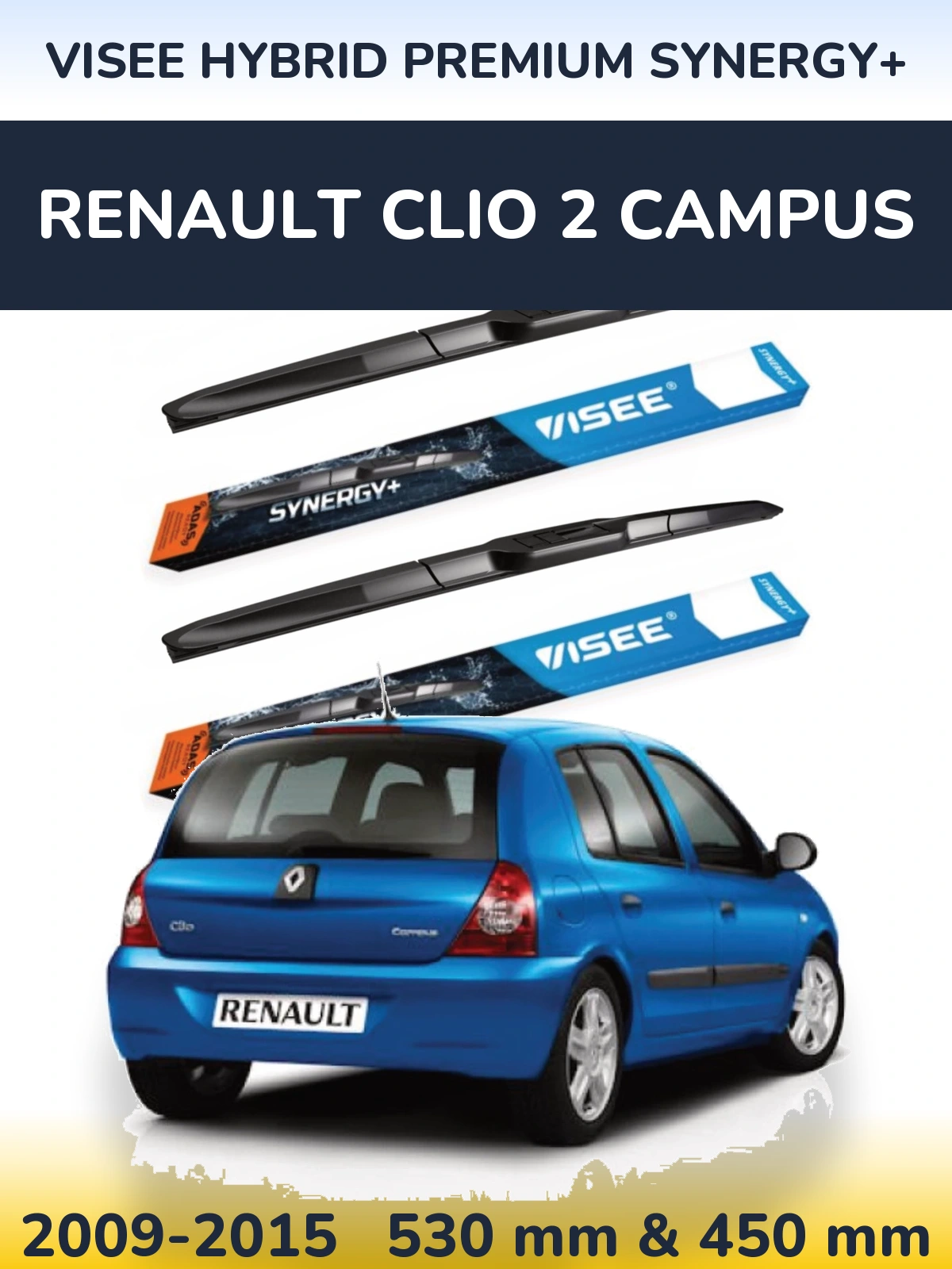 Front wiper blade set VISEE HYBRID PREMIUM SYNERGY+ 530 & 450 mm for Renault Clio 2 Campus 2009-2015
