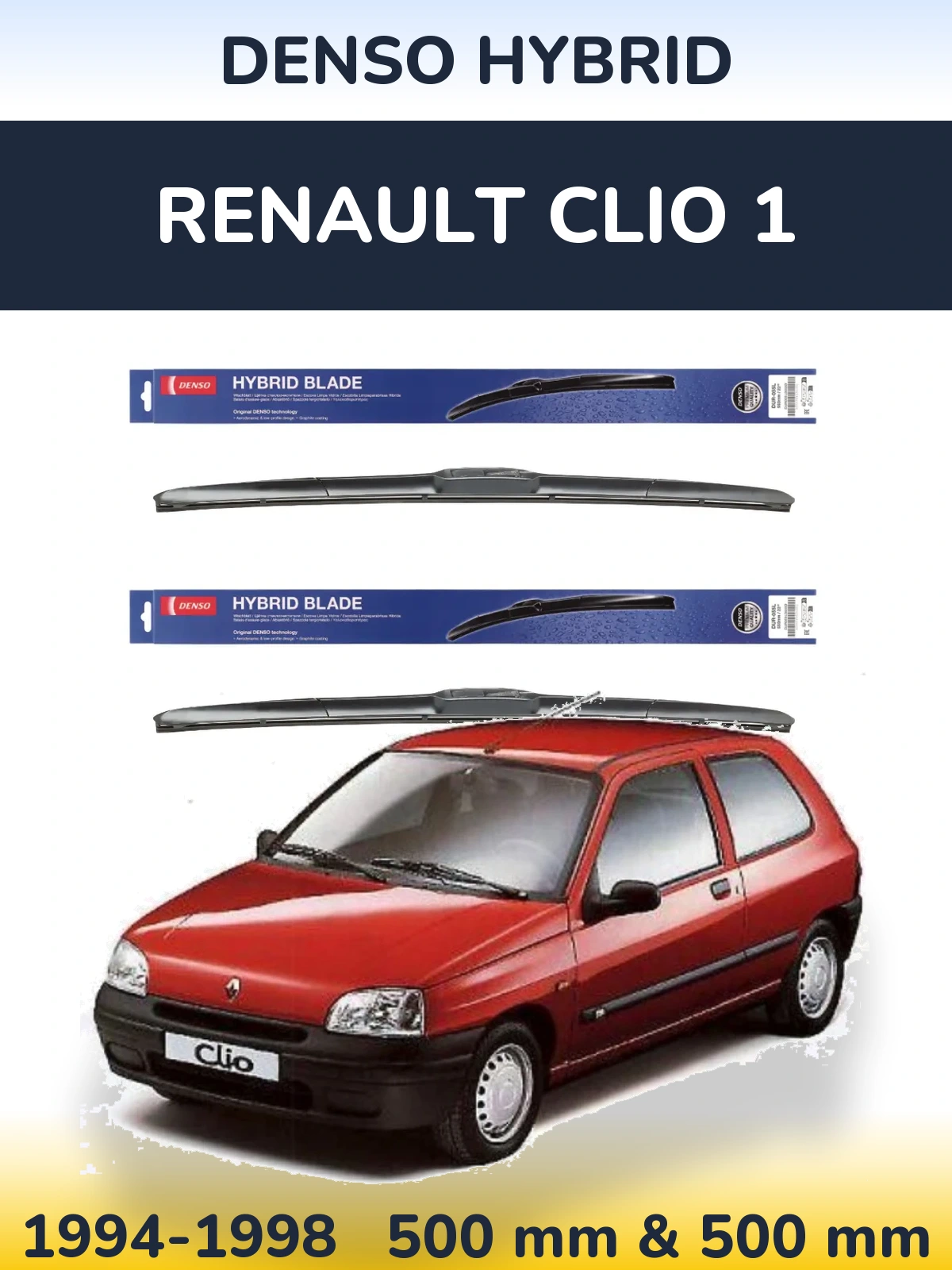Front wiper blade set Denso Hybrid 500 & 500 mm for Renault Clio 1 1994-1998