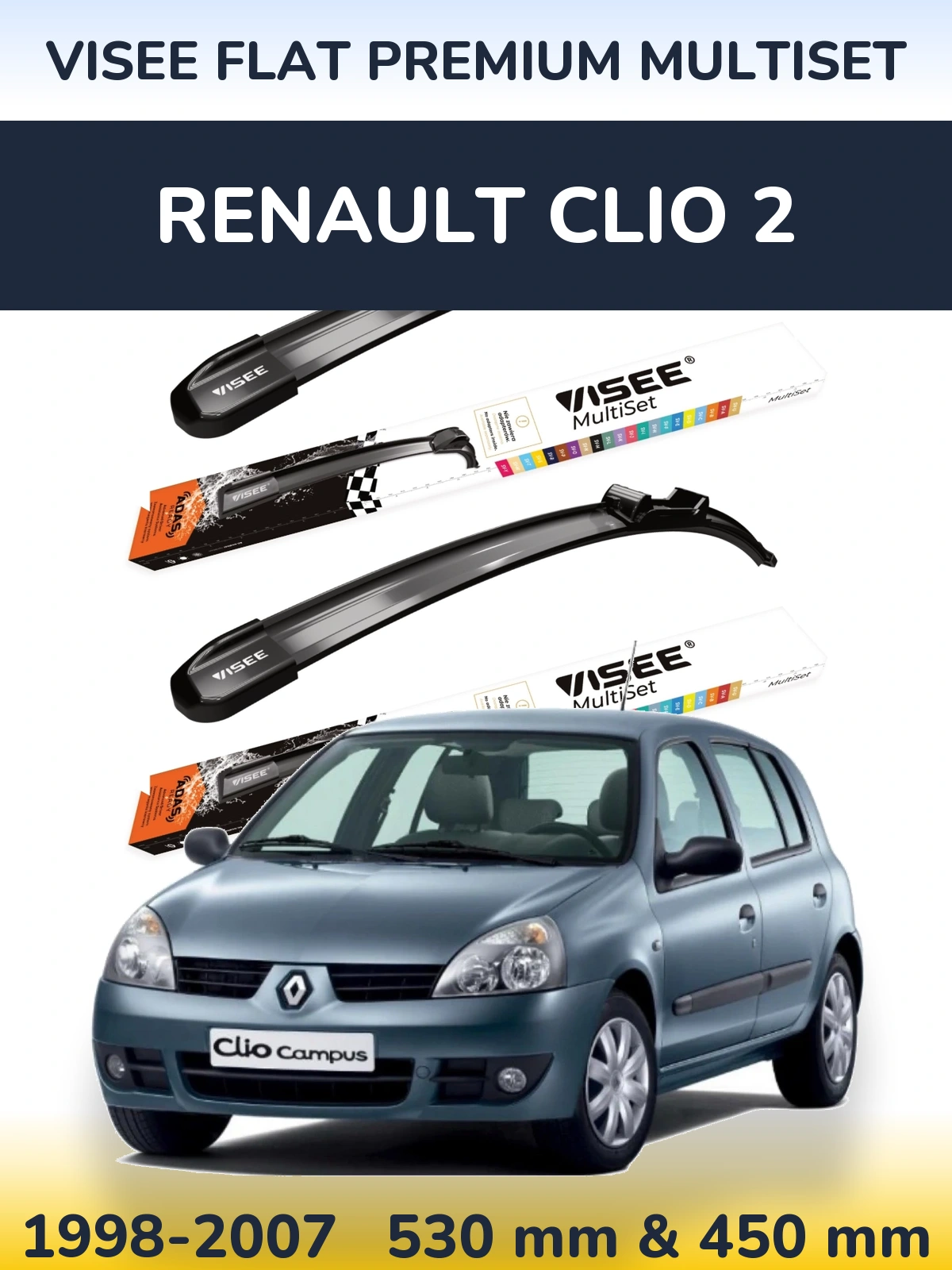Комплект передніх щіток VISEE FLAT PREMIUM MultiSet 530 & 450 мм для Renault Clio 2 1998-2007