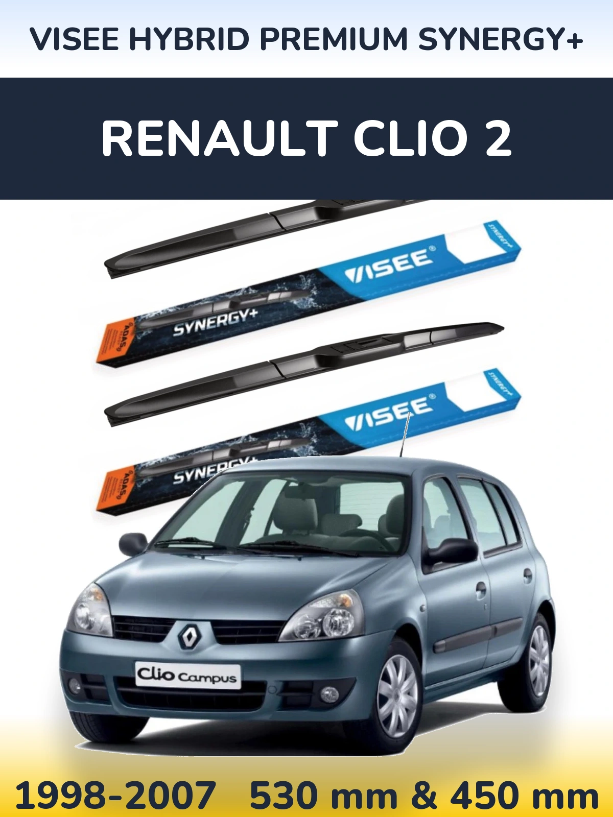 Комплект передних дворников VISEE HYBRID PREMIUM SYNERGY+ 530 & 450 мм для Renault Clio 2 1998-2007
