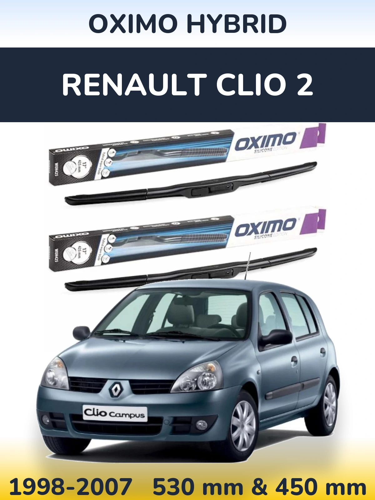 Комплект передних дворников Oximo Hybrid 530 & 450 мм для Renault Clio 2 1998-2007