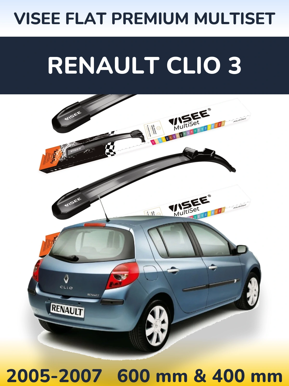 Комплект передних дворников VISEE FLAT PREMIUM MultiSet 600 & 400 мм для Renault Clio 3 2005-2007