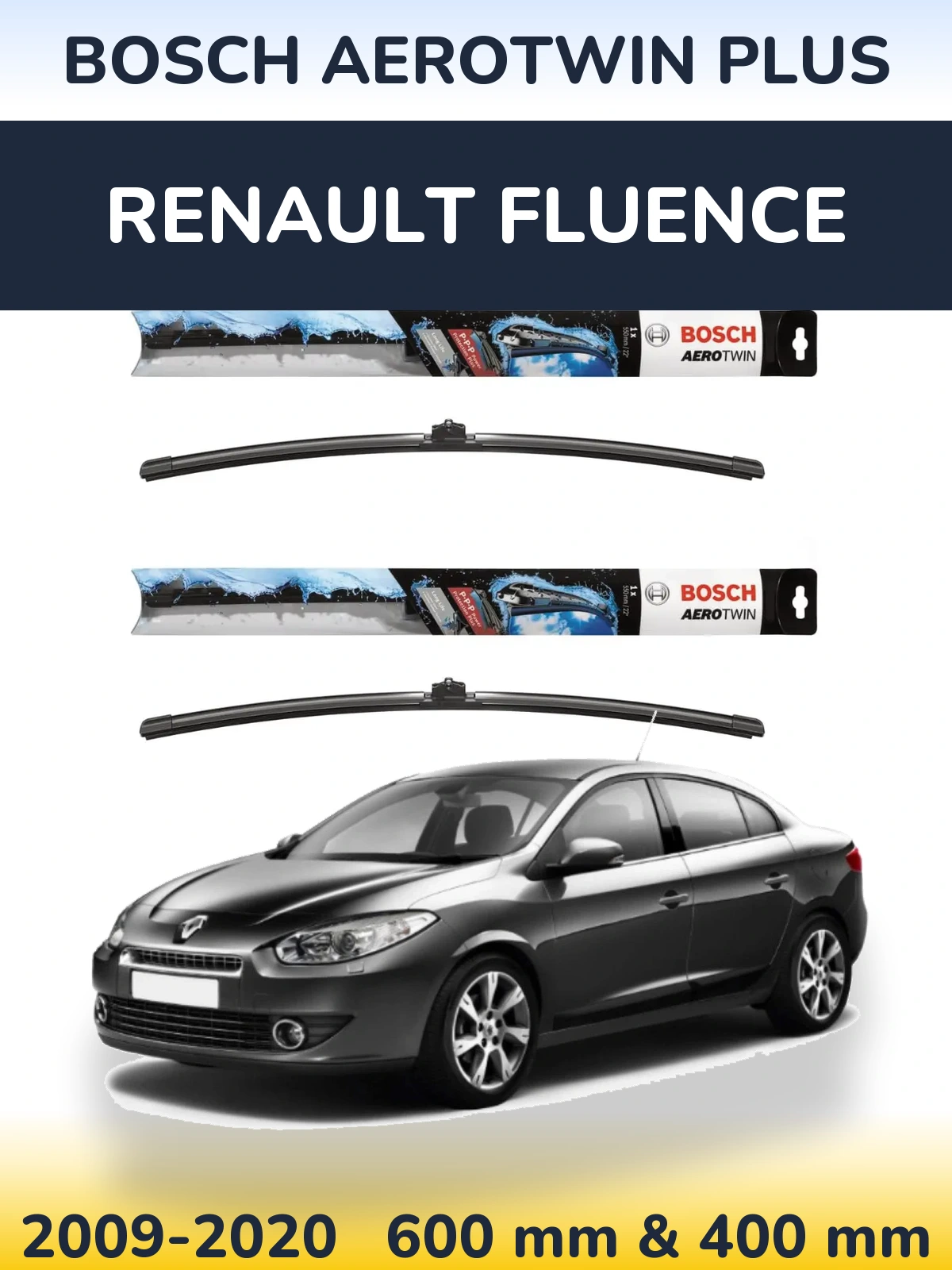 Комплект передних дворников BOSCH AeroTwin Plus 600 & 400 мм для Renault Fluence 2009-2020