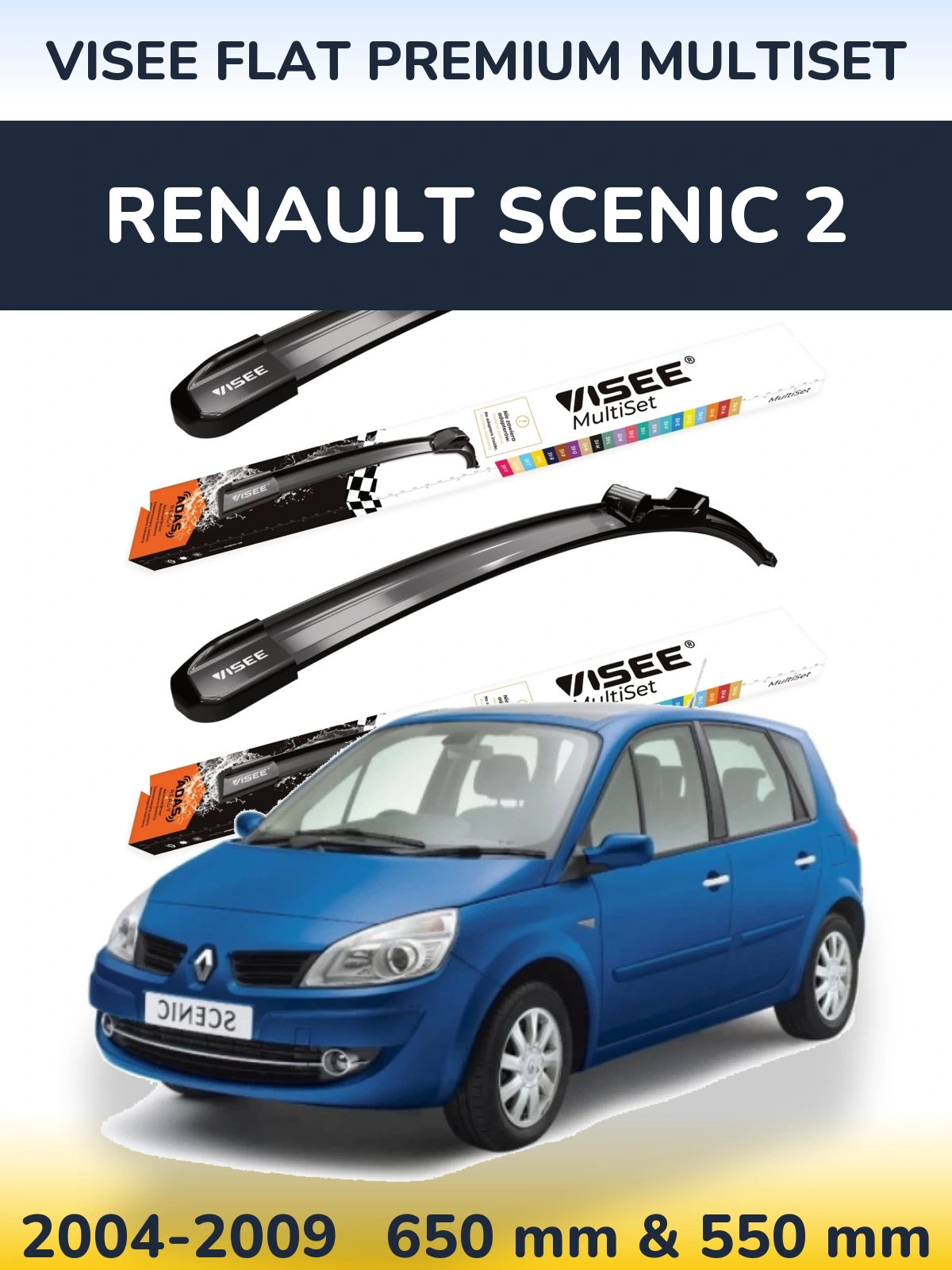 Front wiper blade set VISEE FLAT PREMIUM MultiSet 650 & 550 mm for Renault Scenic 2 2004-2009