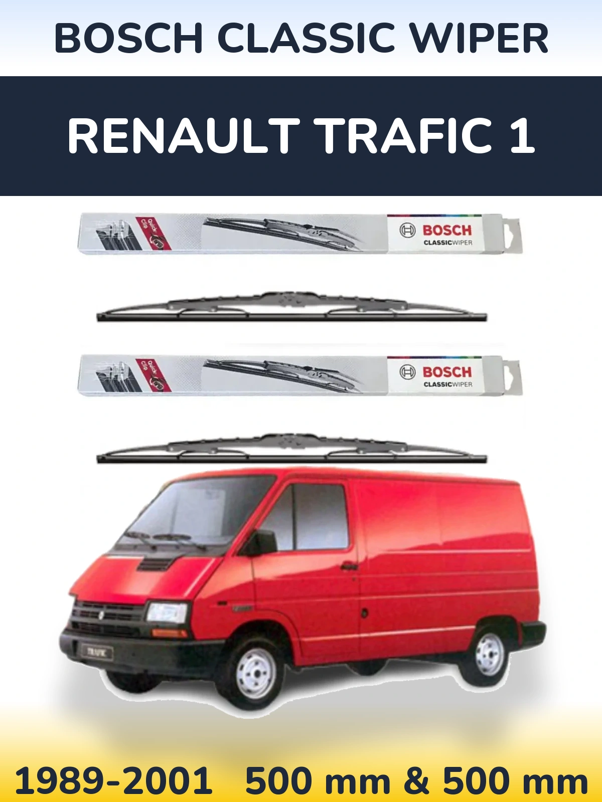 Front wiper blade set BOSCH Classic Wiper 500 & 500 mm for Renault Trafic 1 1989-2001