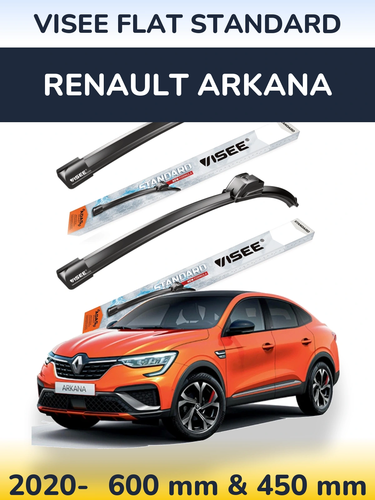 Комплект передних дворников VISEE FLAT STANDARD 600 & 450 мм для Renault Arkana 2020-2026