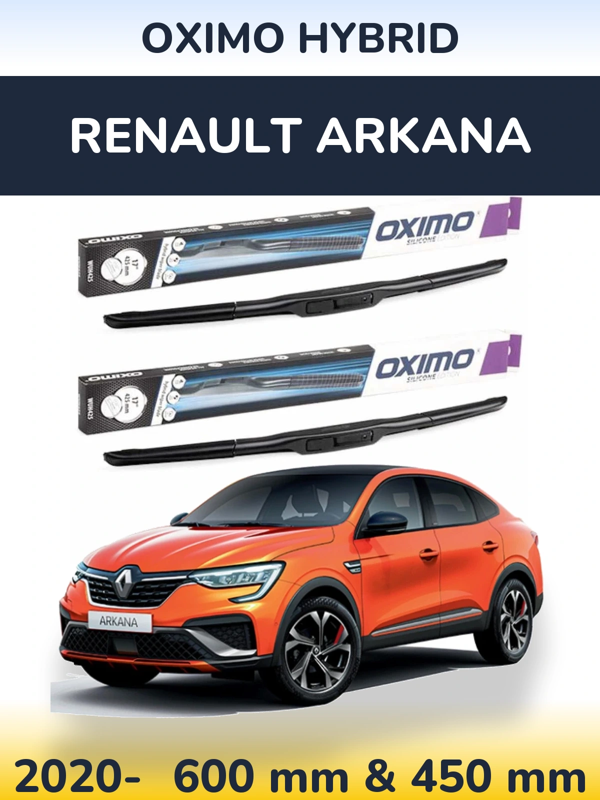 Комплект передних дворников Oximo Hybrid 600 & 450 мм для Renault Arkana 2020-2026