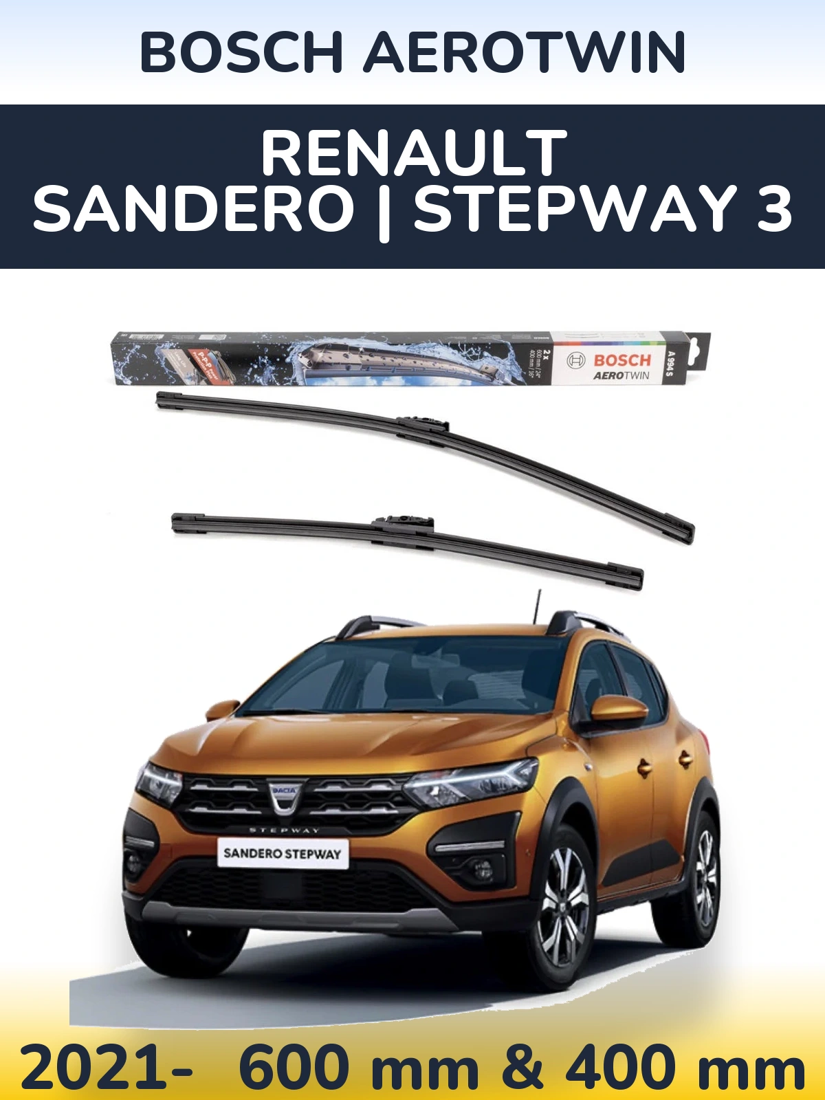 Комплект передних дворников BOSCH AeroTwin 600 & 400 мм для Renault Sandero | Stepway 3 2021-2026
