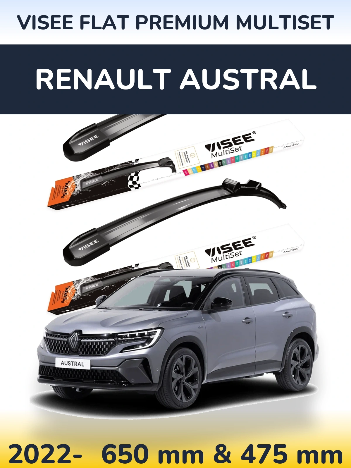 Комплект передних дворников VISEE FLAT PREMIUM MultiSet 650 & 475 мм для Renault Austral 2022-2026