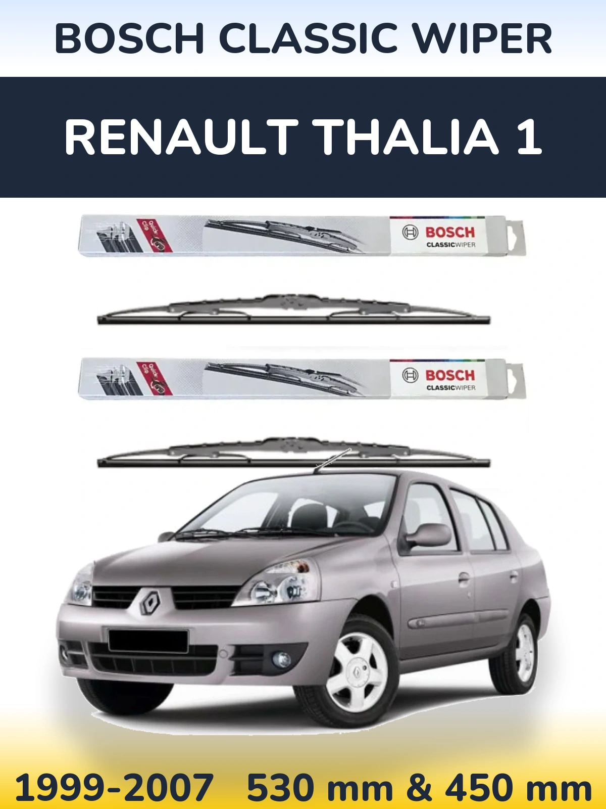 Front wiper blade set BOSCH Classic Wiper 530 & 450 mm for Renault Thalia 1 1999-2007