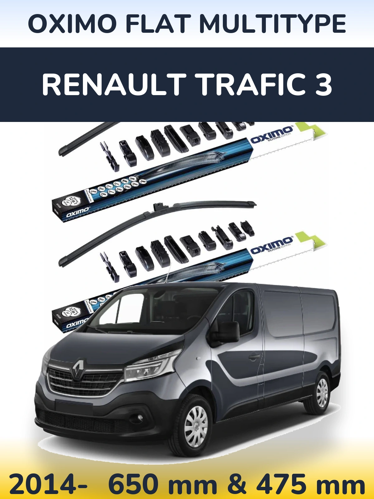 Комплект передніх щіток Oximo Flat MultiТипe 650 & 475 мм для Renault Trafic 3 2014-2026