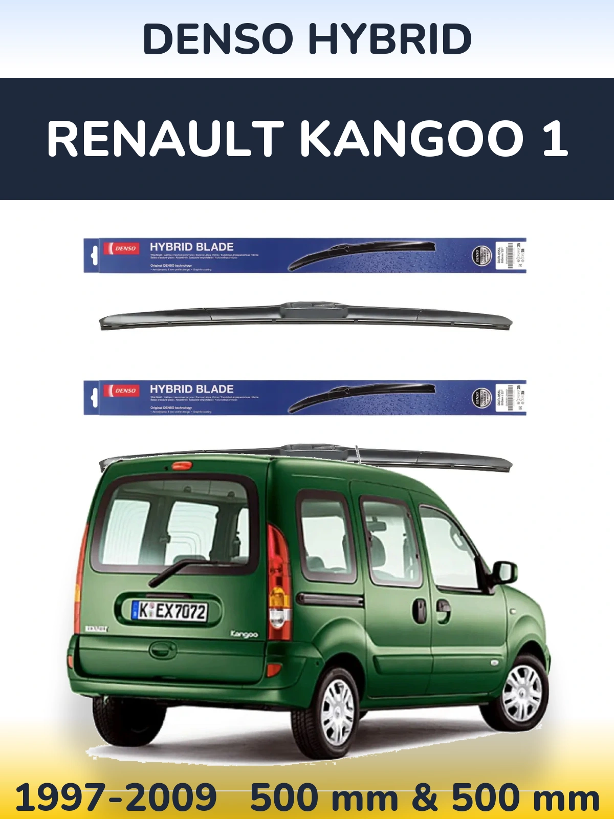 Front wiper blade set Denso Hybrid 500 & 500 mm for Renault Kangoo 1 1997-2009