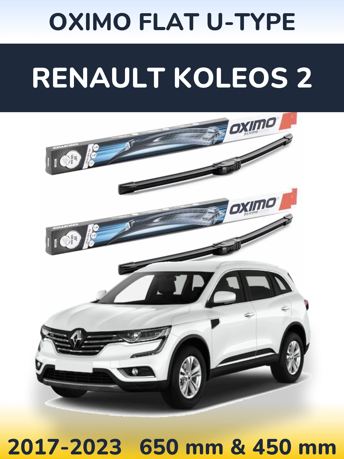 Front wiper blade set Oximo Flat U-type 650 & 450 mm for Renault Koleos 2 2017-2023