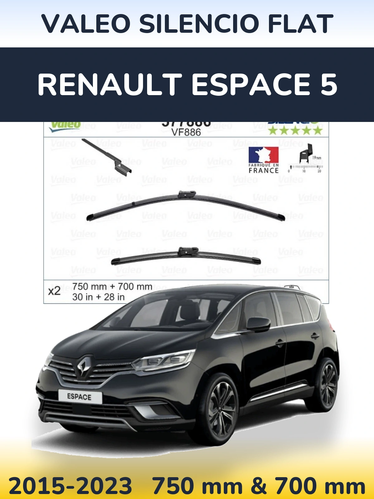 Комплект передніх щіток Valeo Silencio Flat 750 & 700 мм для Renault Espace 5 2015-2023