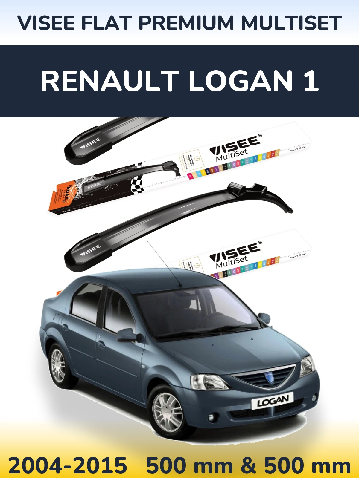 Комплект передних дворников VISEE FLAT PREMIUM MultiSet 500 & 500 мм для Renault Logan 1 2004-2015