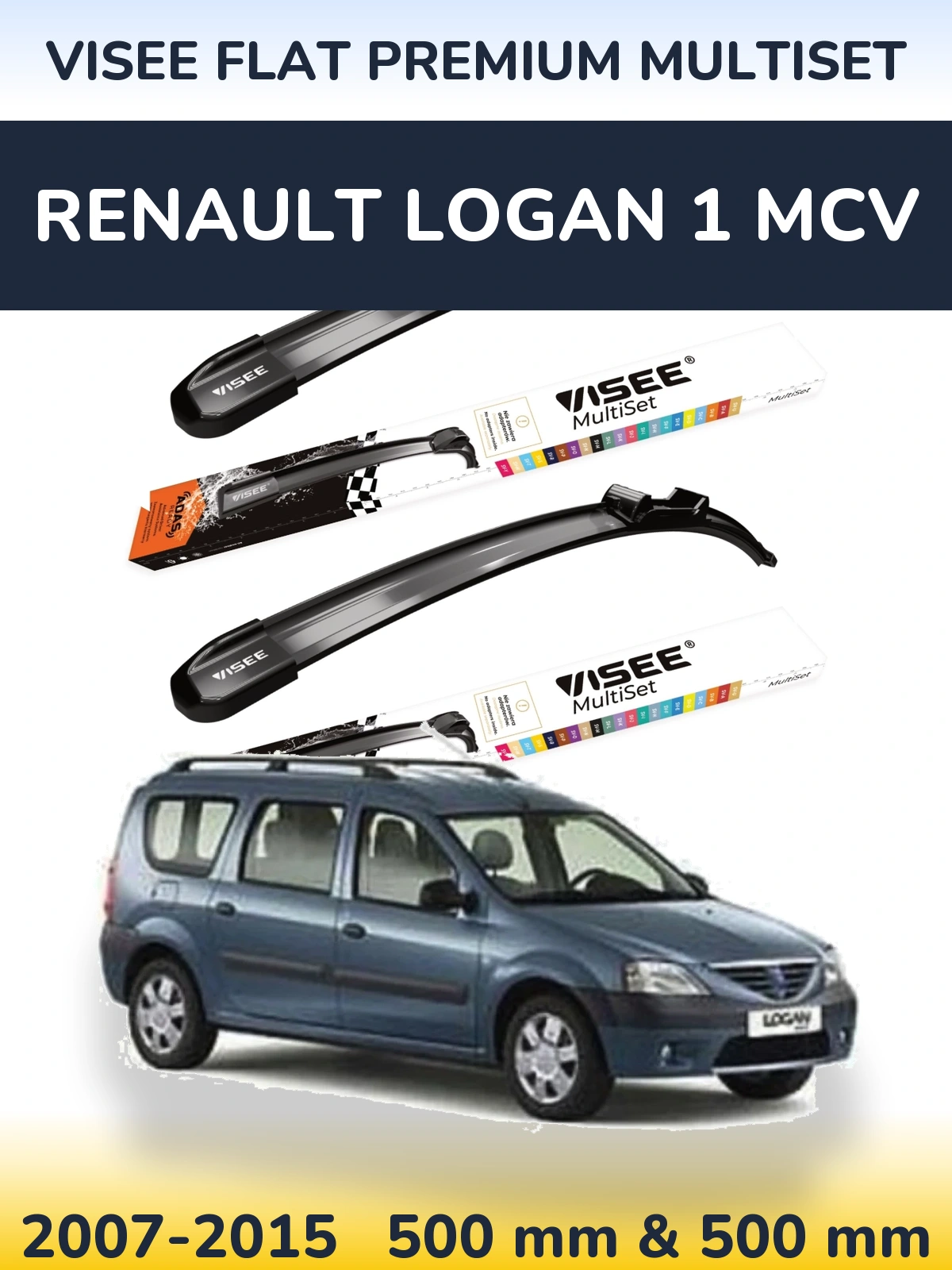 Комплект передних дворников VISEE FLAT PREMIUM MultiSet 500 & 500 мм для Renault Logan 1 MCV 2007-2015