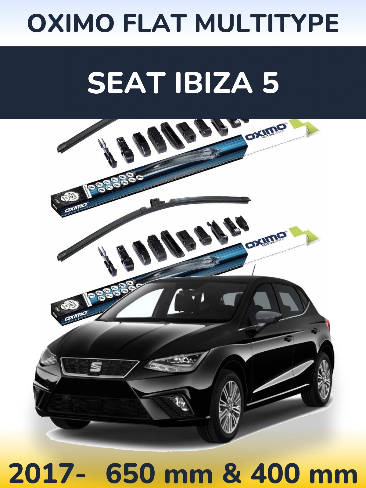 Front wiper blade set Oximo Flat MultiTypee 650 & 400 mm for SEAT Ibiza 5 2017-2026