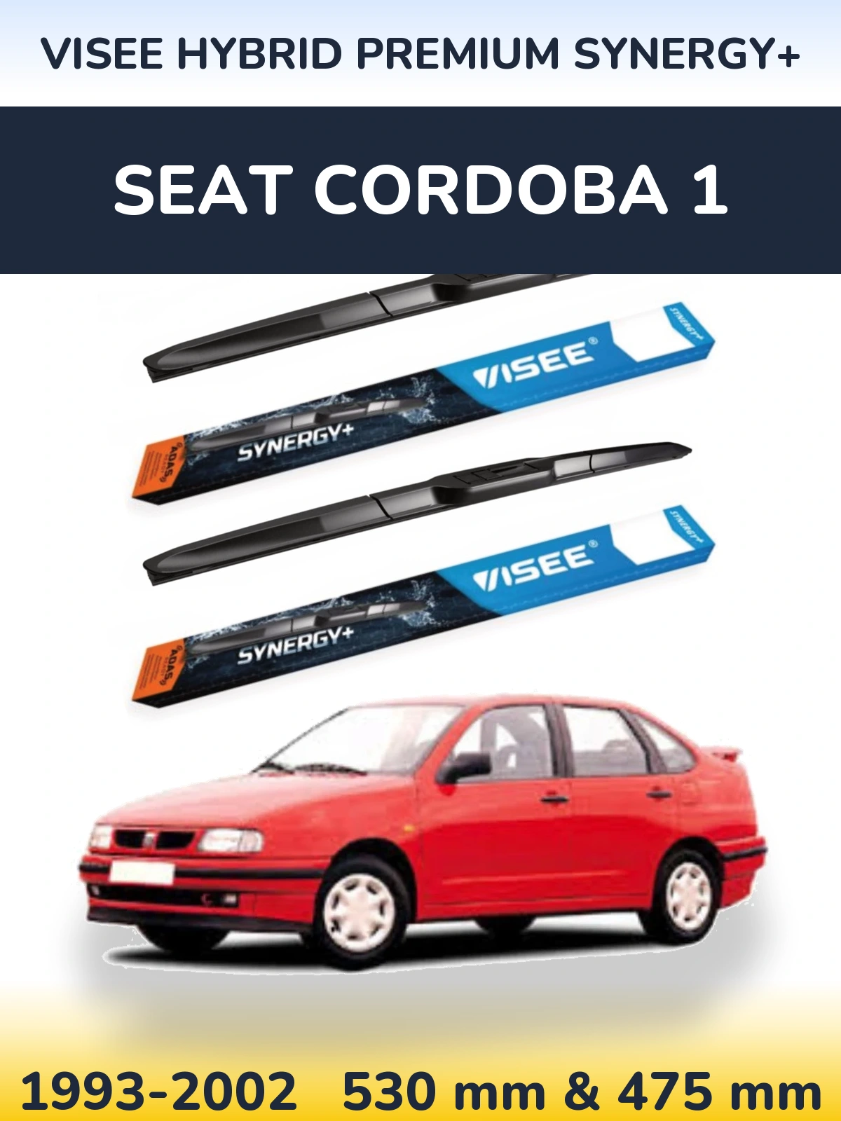 Front wiper blade set VISEE HYBRID PREMIUM SYNERGY+ 530 & 475 mm for SEAT Cordoba 1 1993-2002