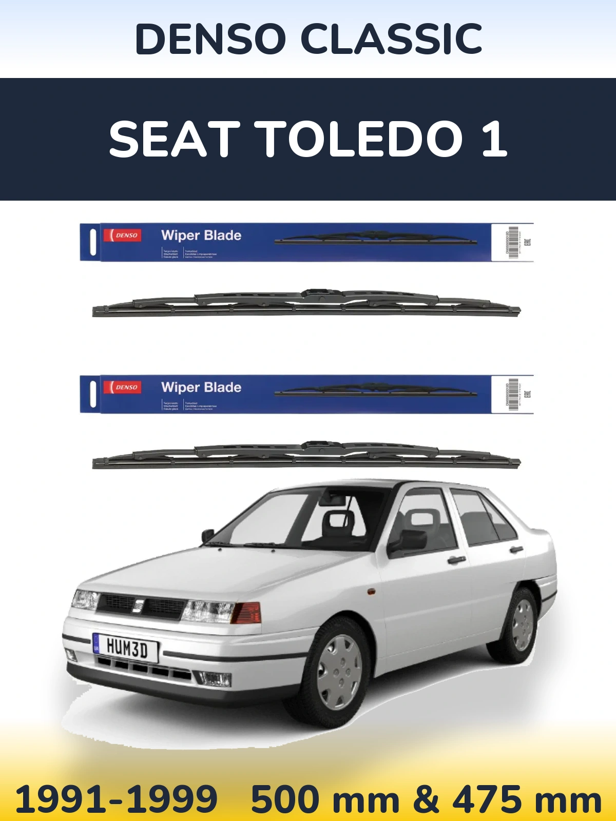 Front wiper blade set Denso Classic 500 & 475 mm for SEAT Toledo 1 1991-1999