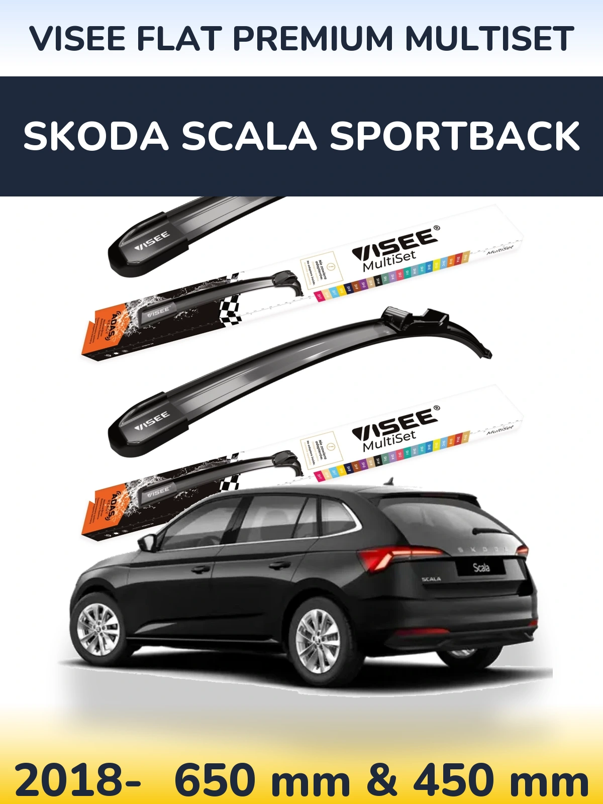 Front wiper blade set VISEE FLAT PREMIUM MultiSet 650 & 450 mm for Skoda Scala Sportback 2018-2026