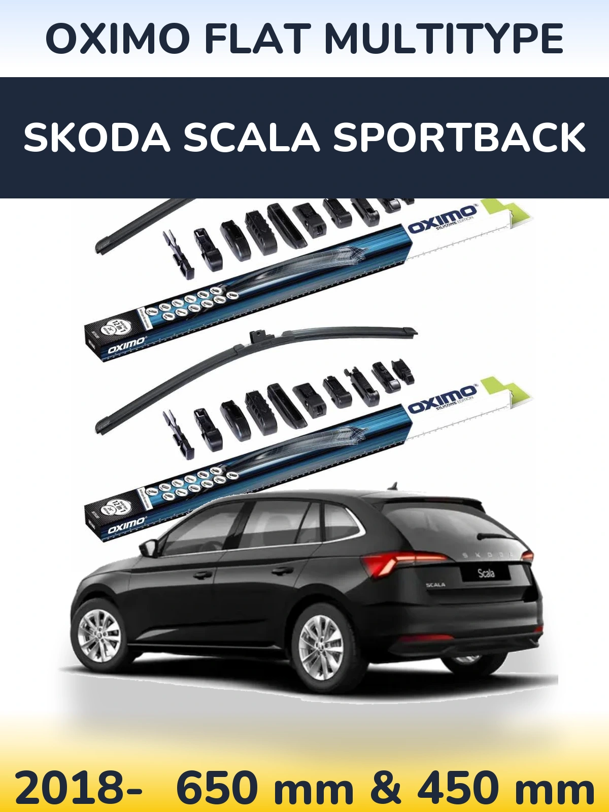 Комплект передних дворников Oximo Flat MultiТипe 650 & 450 мм для Skoda Scala Sportback 2018-2026
