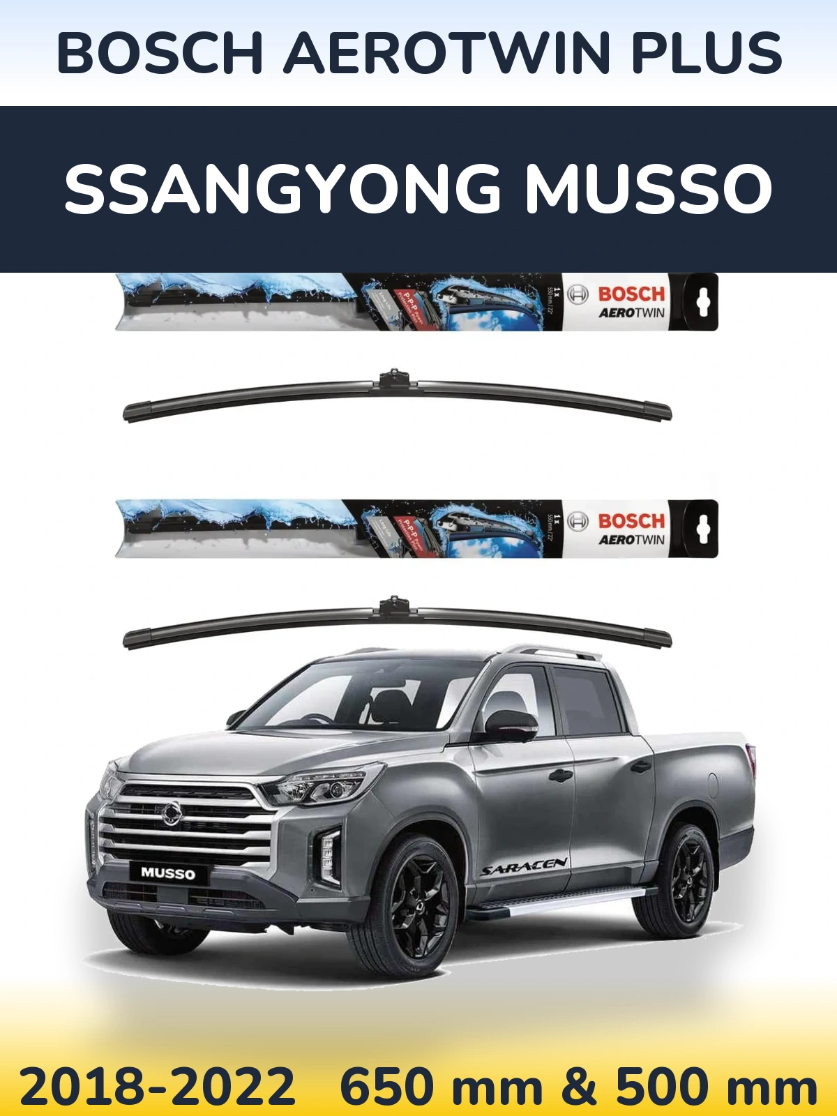Front wiper blade set BOSCH AeroTwin Plus 650 & 500 mm for SsangYong Musso 2018-2022
