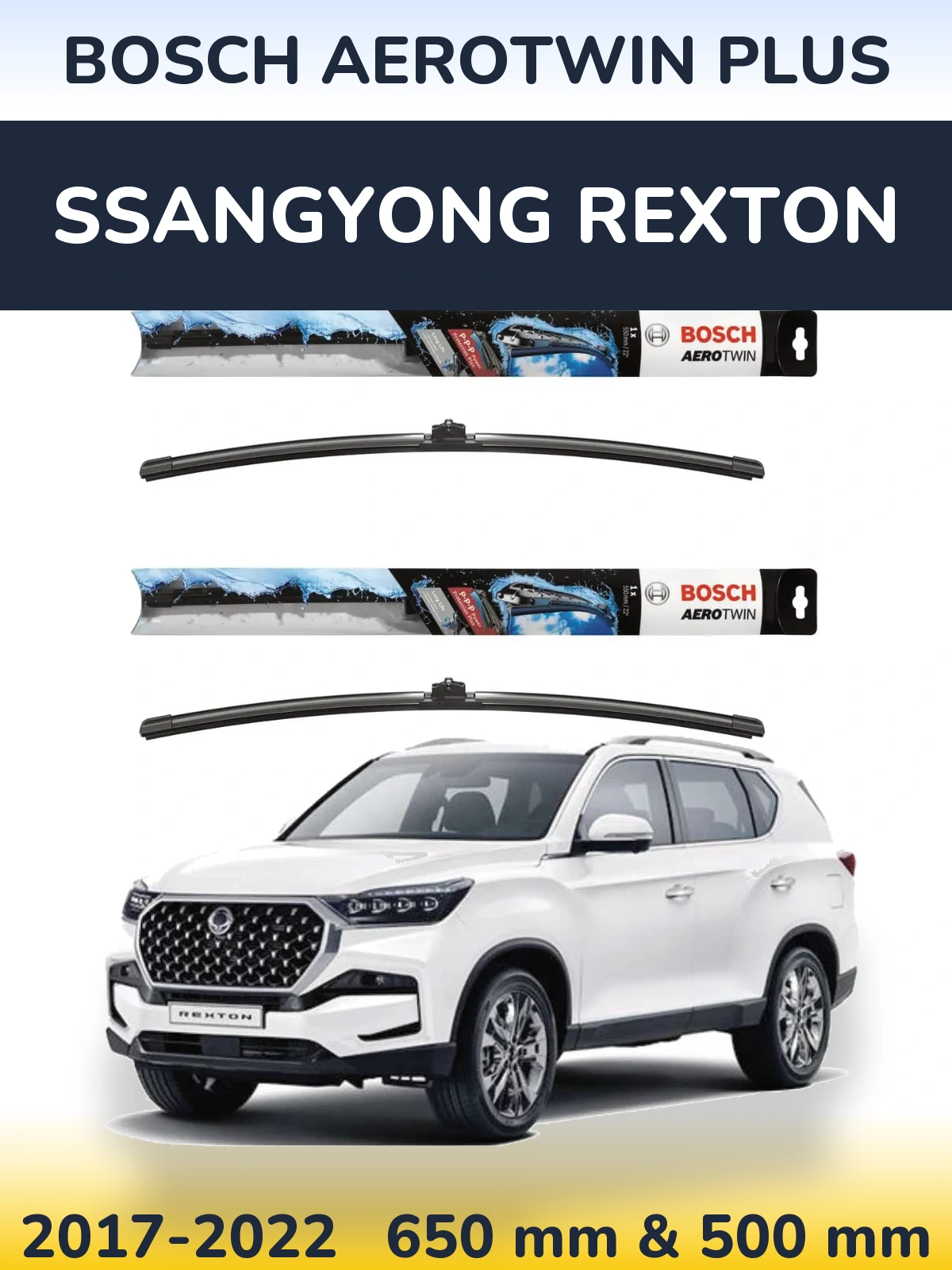 Front wiper blade set BOSCH AeroTwin Plus 650 & 500 mm for SsangYong Rexton 2017-2022