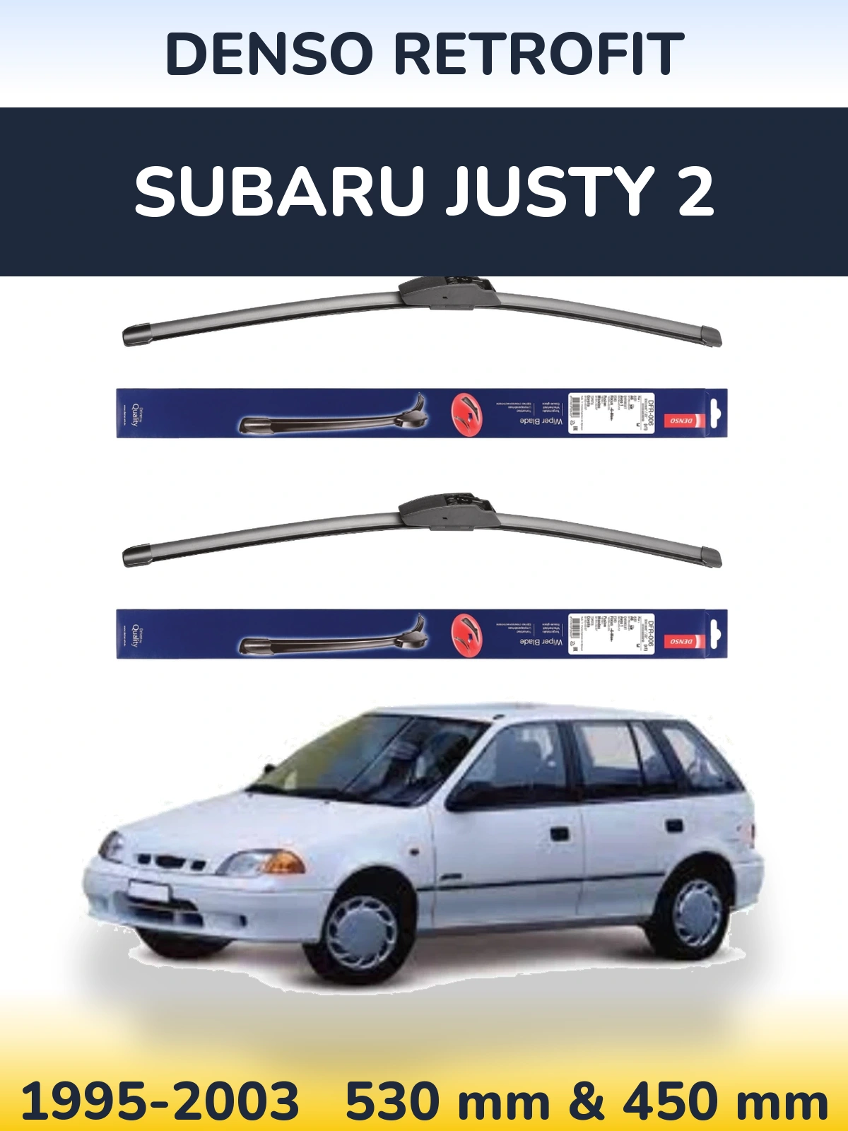 Front wiper blade set Denso Retrofit 530 & 450 mm for Subaru Justy 2 1995-2003