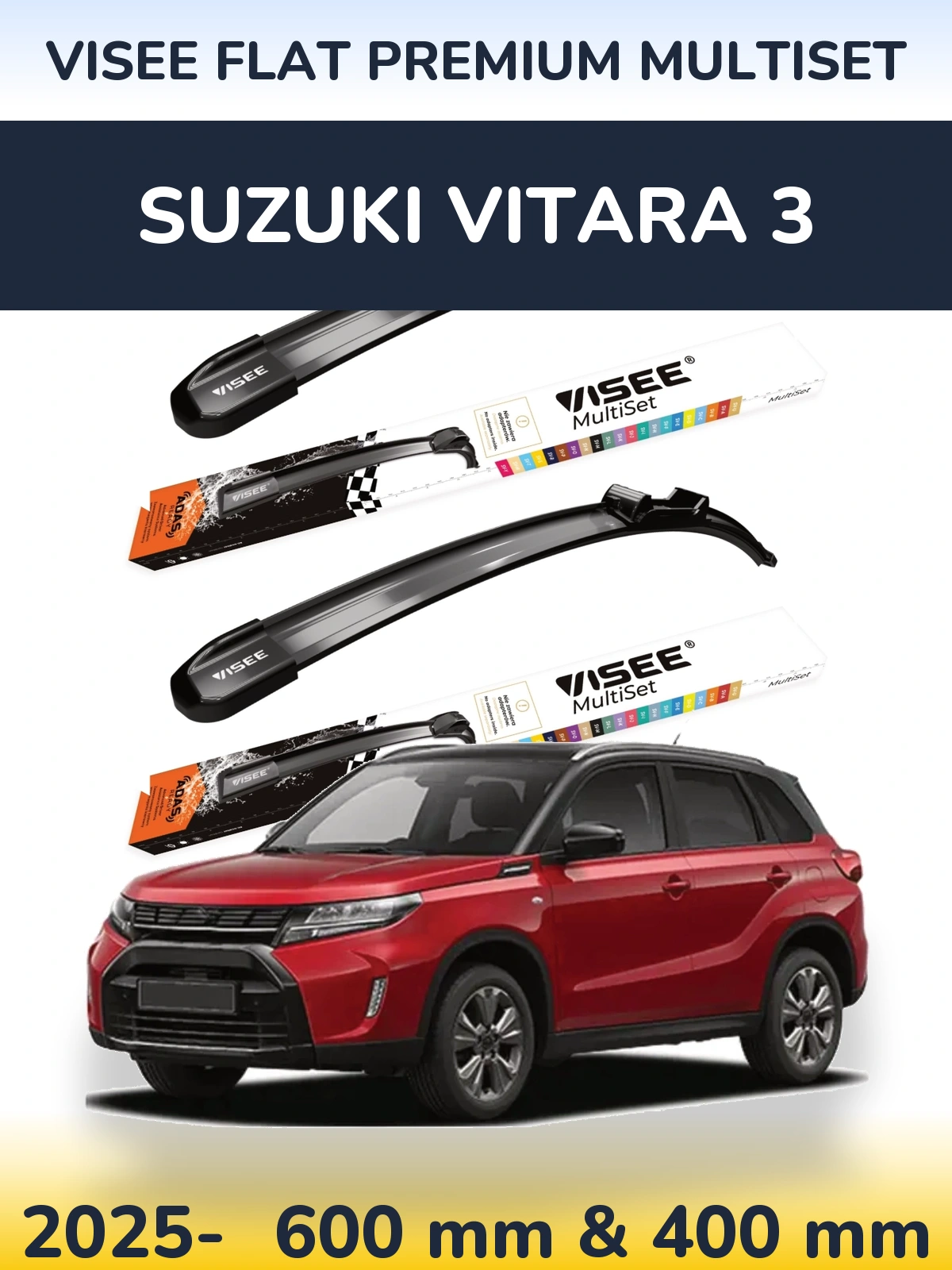 Комплект передніх щіток VISEE FLAT PREMIUM MultiSet 600 & 400 мм для Suzuki Vitara 3 2025-2026