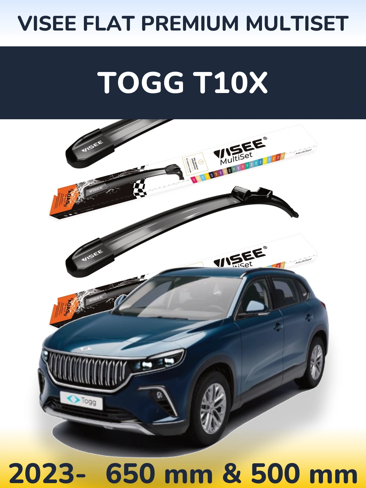 Комплект передних дворников VISEE FLAT PREMIUM MultiSet 650 & 500 мм для TOGG T10X 2023-2026