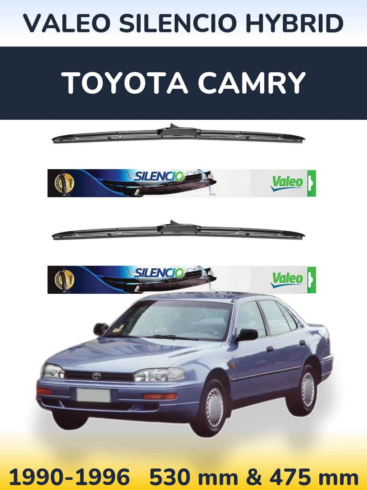 Front wiper blade set Valeo Silencio Hybrid 530 & 475 mm for Toyota Camry 1990-1996