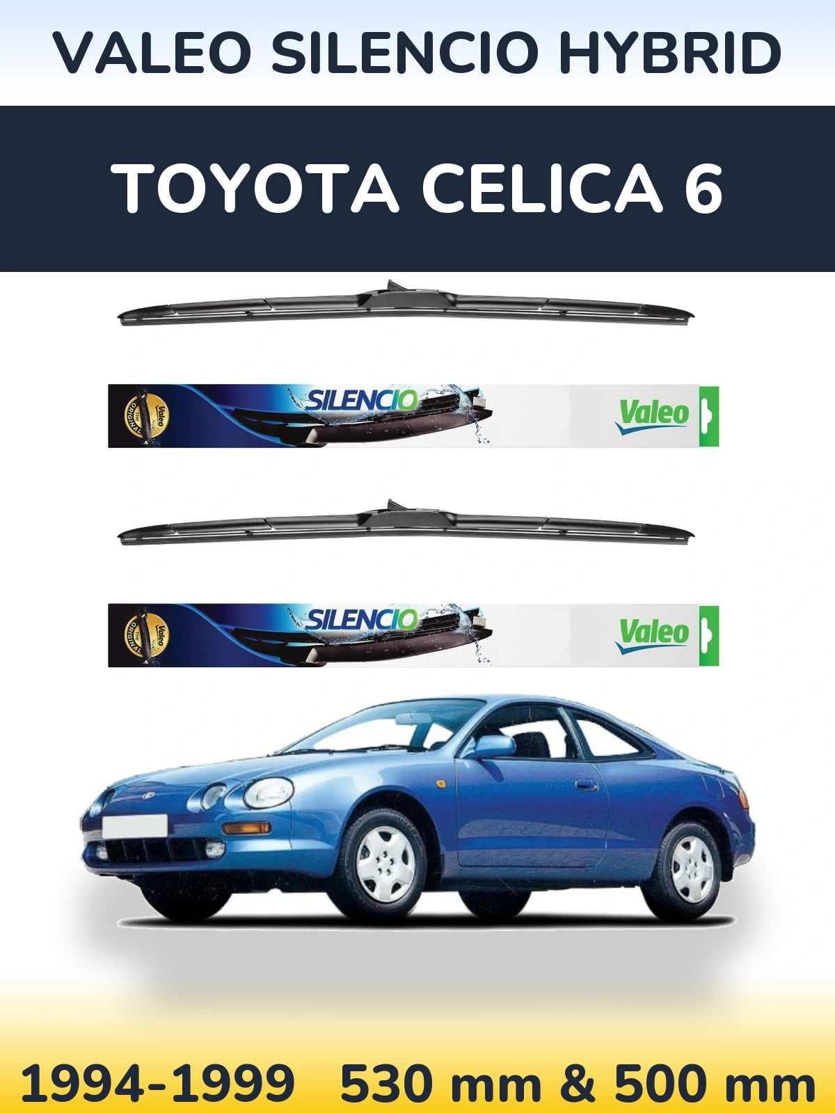 Front wiper blade set Valeo Silencio Hybrid 530 & 500 mm for Toyota Celica 6 1994-1999