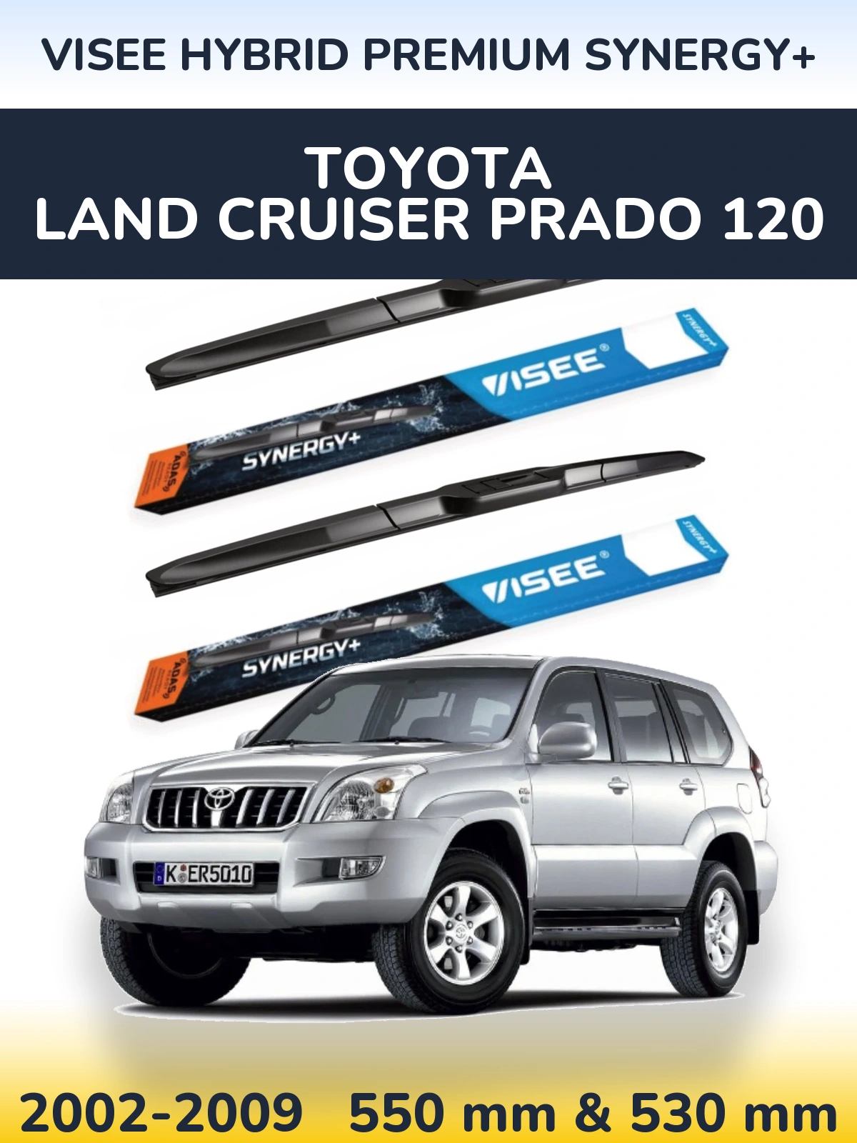 Front wiper blade set VISEE HYBRID PREMIUM SYNERGY+ 550 & 530 mm for Toyota Land Cruiser Prado 120 2002-2009
