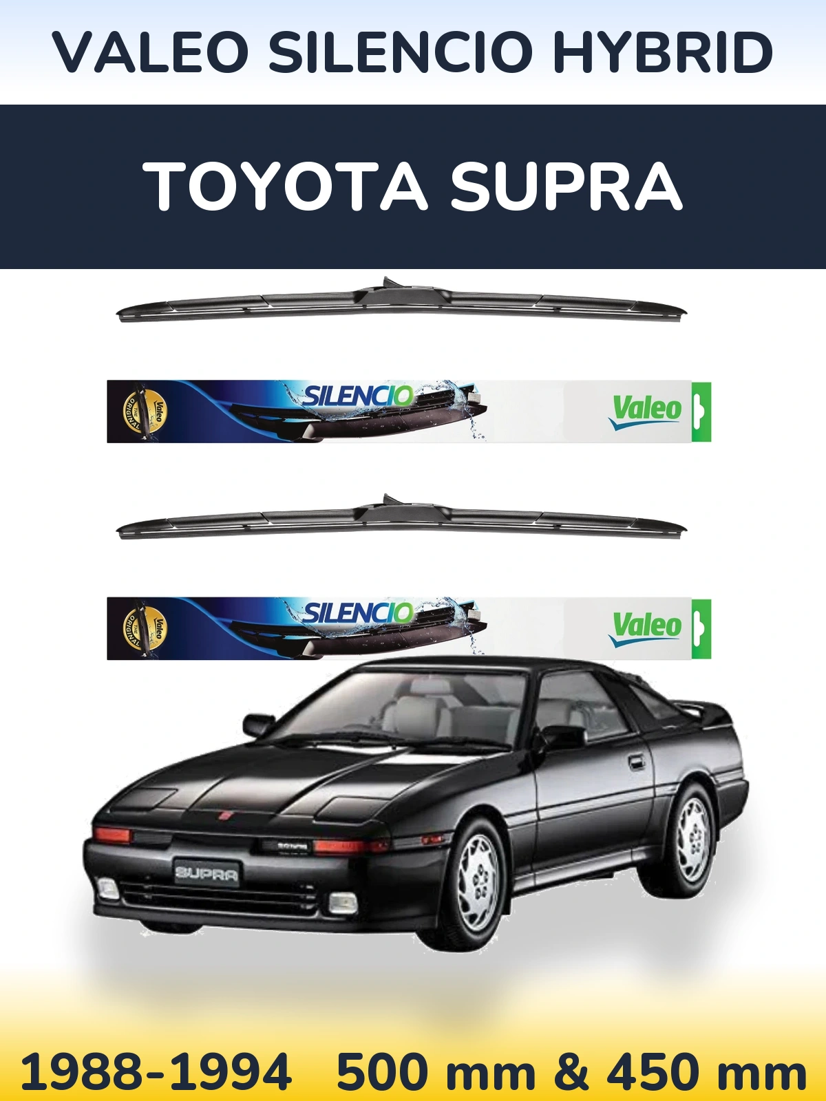 Front wiper blade set Valeo Silencio Hybrid 500 & 450 mm for Toyota Supra 1988-1994
