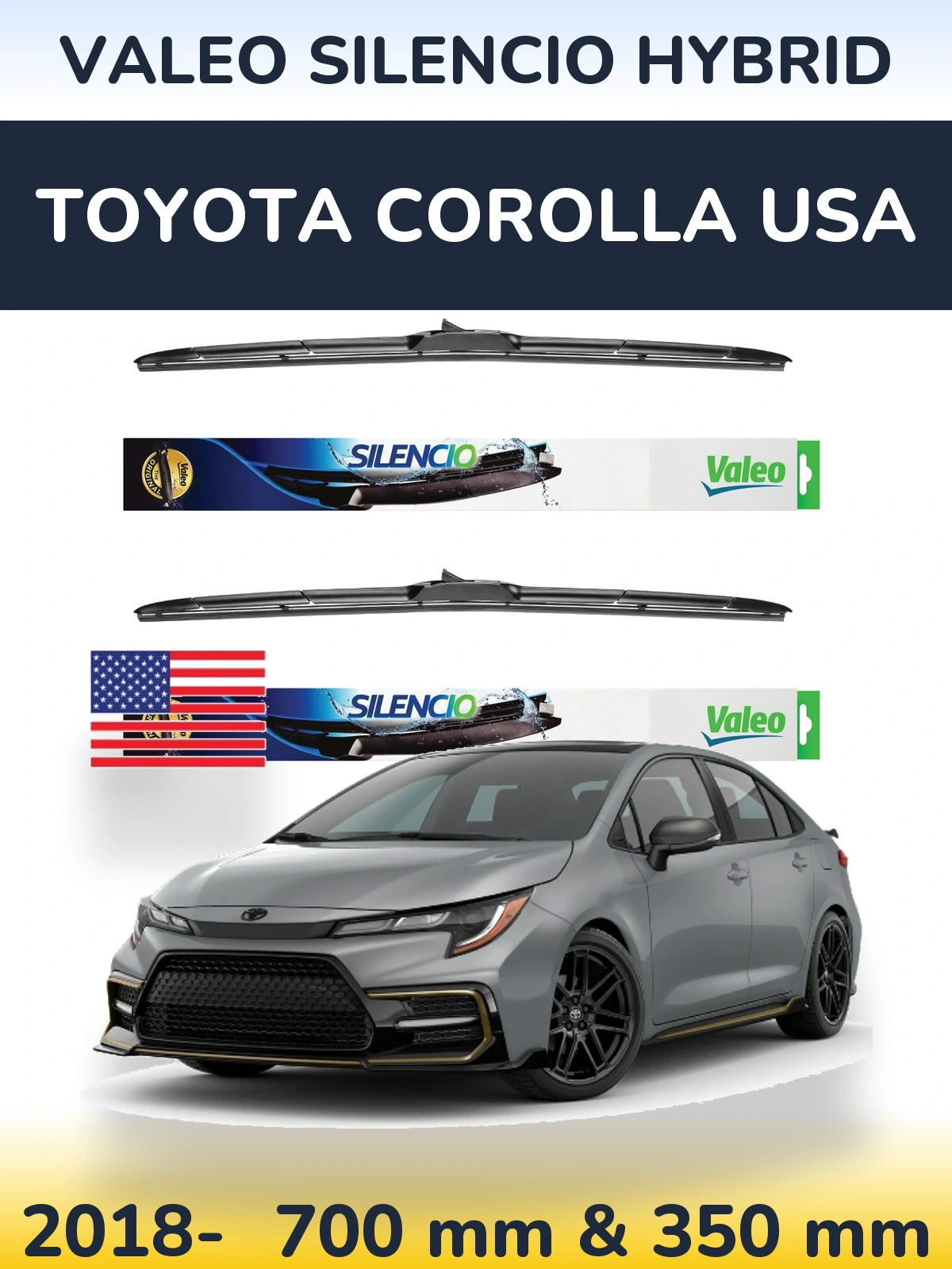 Front wiper blade set Valeo Silencio Hybrid 700 & 350 mm for Toyota Corolla USA 2018-2026