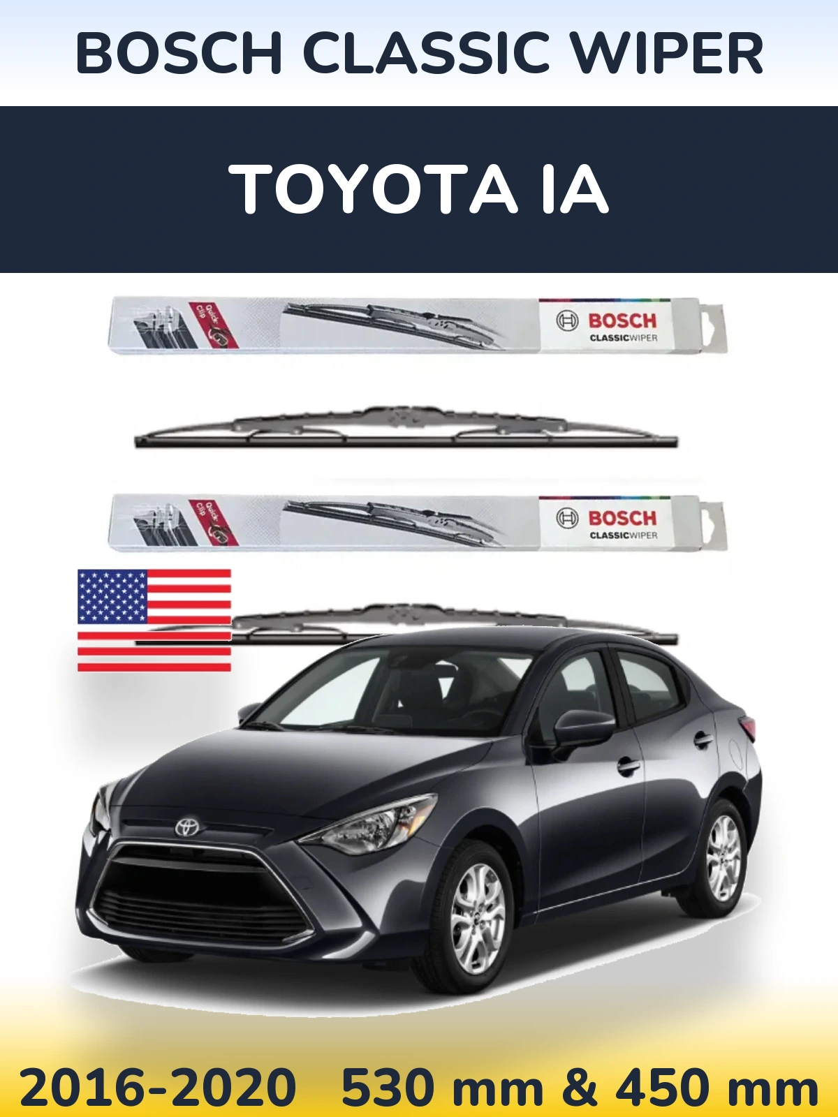 Front wiper blade set BOSCH Classic Wiper 530 & 450 mm for Toyota iA 2016-2020