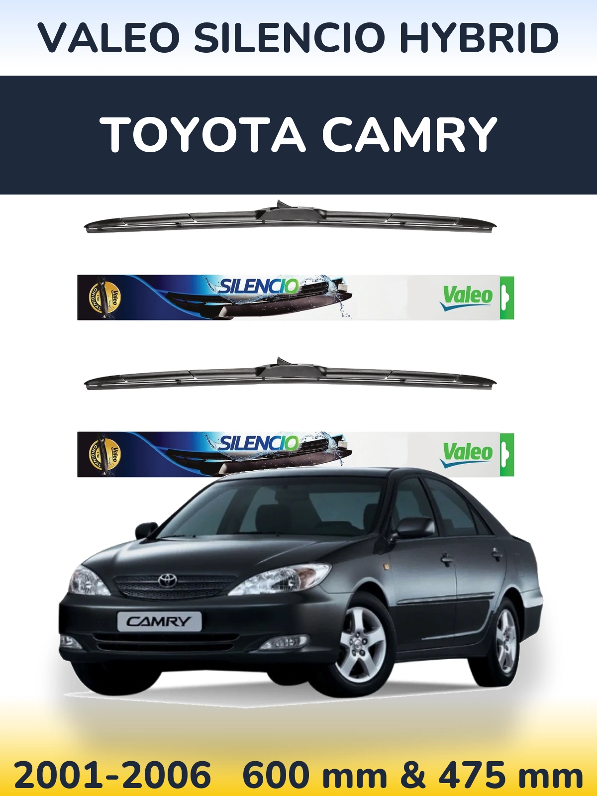 Front wiper blade set Valeo Silencio Hybrid 600 & 475 mm for Toyota Camry 2001-2006