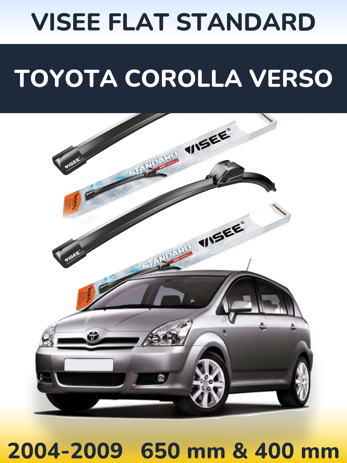 Комплект передних дворников VISEE FLAT STANDARD 650 & 400 мм для Toyota Corolla Verso 2004-2009